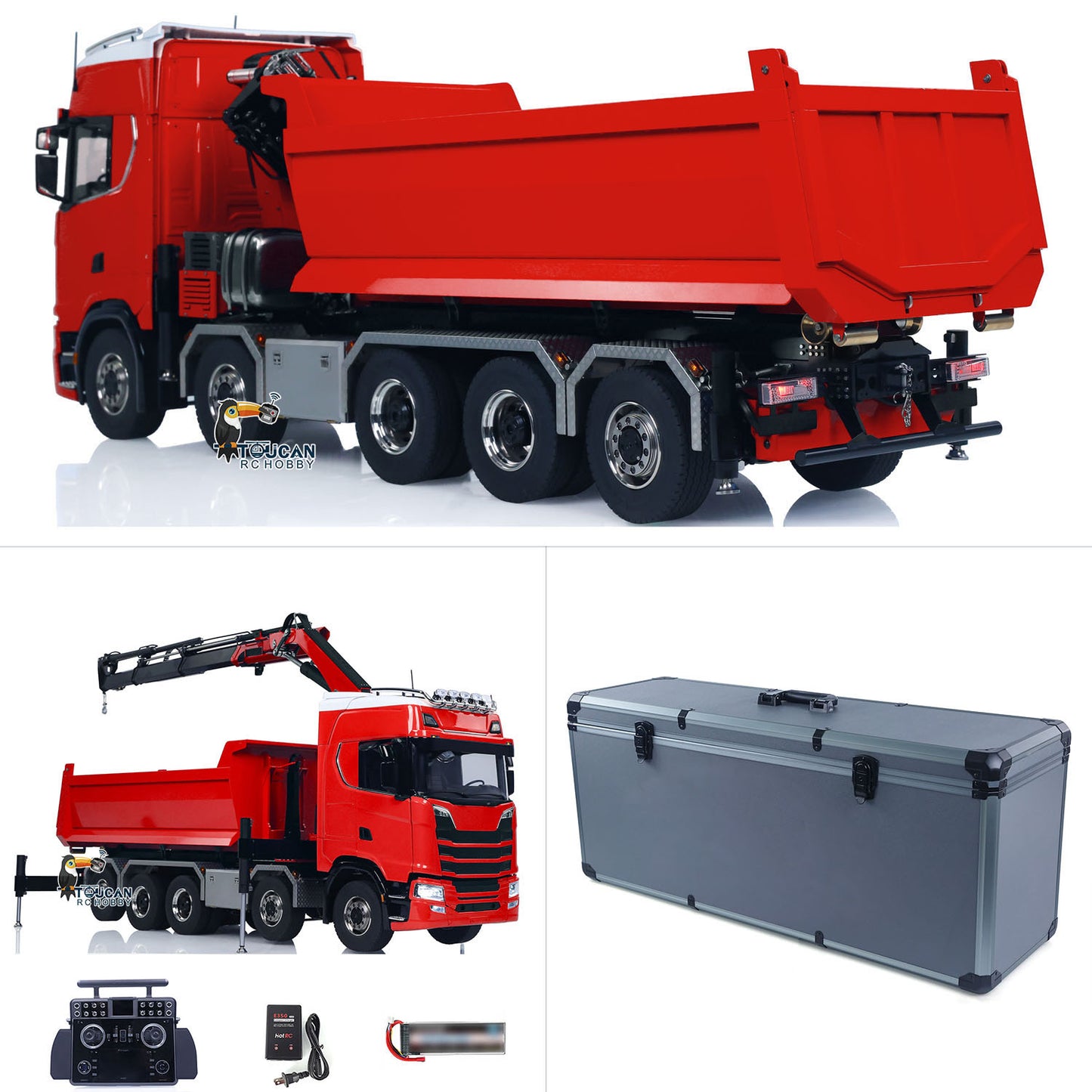 Camion à benne basculante hydraulique à châssis métallique 10x10 770S 1/14 RC avec grue et benne basculante complète