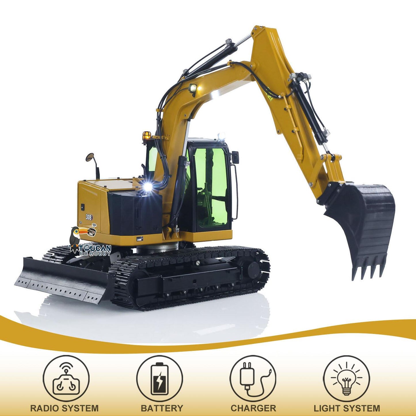 Metal 1/14 RC Hydraulic Excavator C308 Radio Controlled Digger Construction Vehicle RTR Model Flysky ST8 Radio Battery