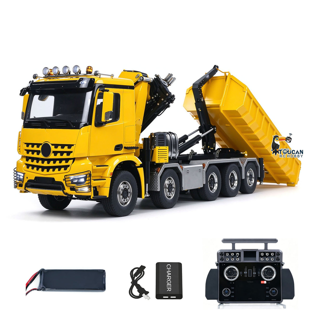 TOUCAN 1/14 10x10 Remote Control Hydraulic Crane Dump Truck RC Full Dumper Rear Axle Lifting HobbyWing Brushed Motor 9CH Steel Valve