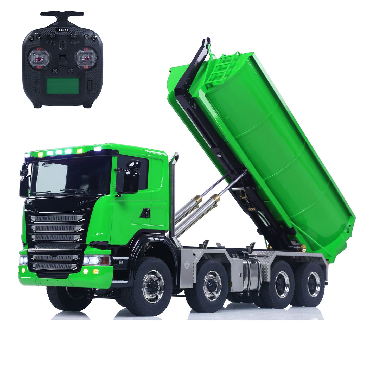 1/14 8*8 RC Hydraulic Dumper Radio Controlled Roll On Off Tipper SC 770S RC Lorry Vehicle Metal Drive Shafts Center Differential FlySky ST8 Radio