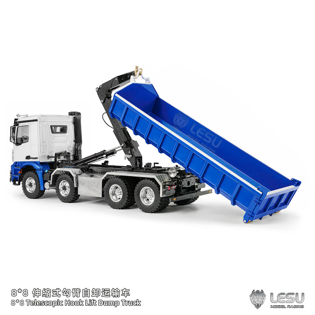 LESU Z0096/Z0088 1/14 RC Hydraulic Roll Off Dump Truck 8x8 Metal Chassis Tipper Model 3 Speed Gearbox Differential Lock Light Sound