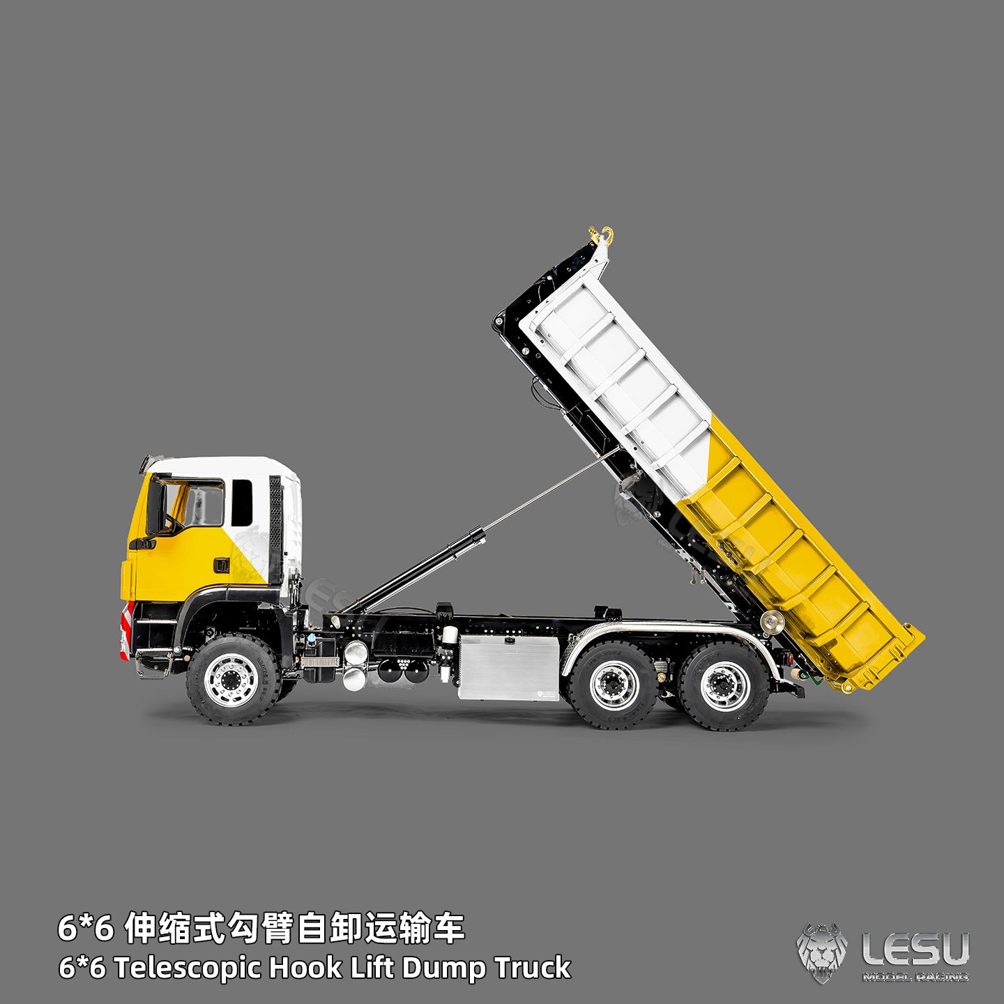 LESU Z0094 Metal 1/14 6x6 Remote Control Hydraulic Dump Truck Telescopic Hook Lift Heavy Duty Engineering Vehicle Light Sound