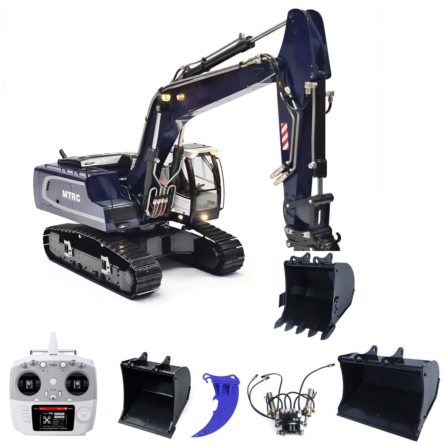 MTM 1/14 946 RC 2 bras ARTR pelle hydraulique sur chenilles en métal avec godet inclinable et grappin ripper