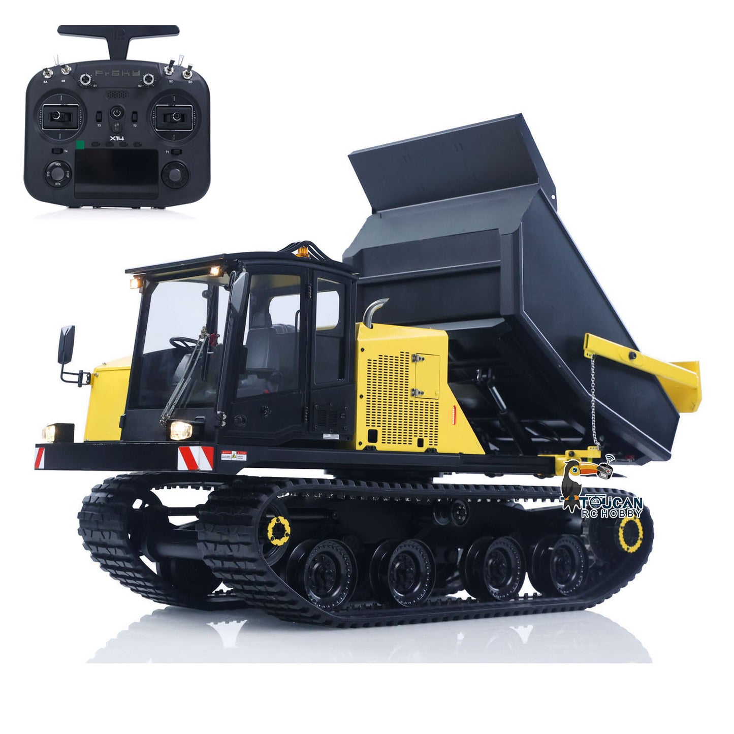 Upgraded Super Frog T14R Panther 1/14 Remote Control Hydraulic Crawler Dumper RC Metal Tracked Tipper Truck Frsky X14 Radio