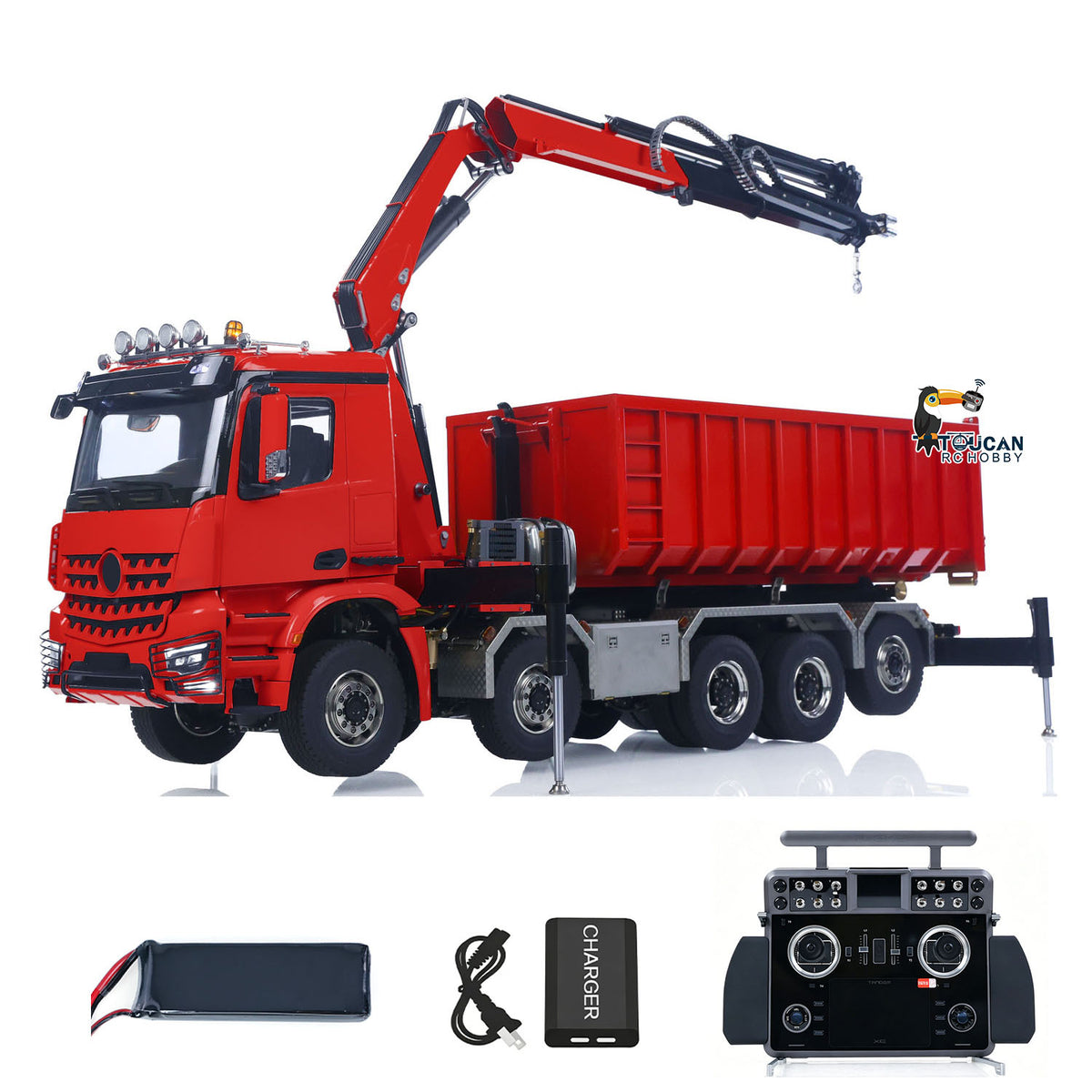 TOUCAN 1/14 10x10 Remote Control Hydraulic Crane Dump Truck RC Full Dumper Rear Axle Lifting HobbyWing Brushed Motor 9CH Steel Valve