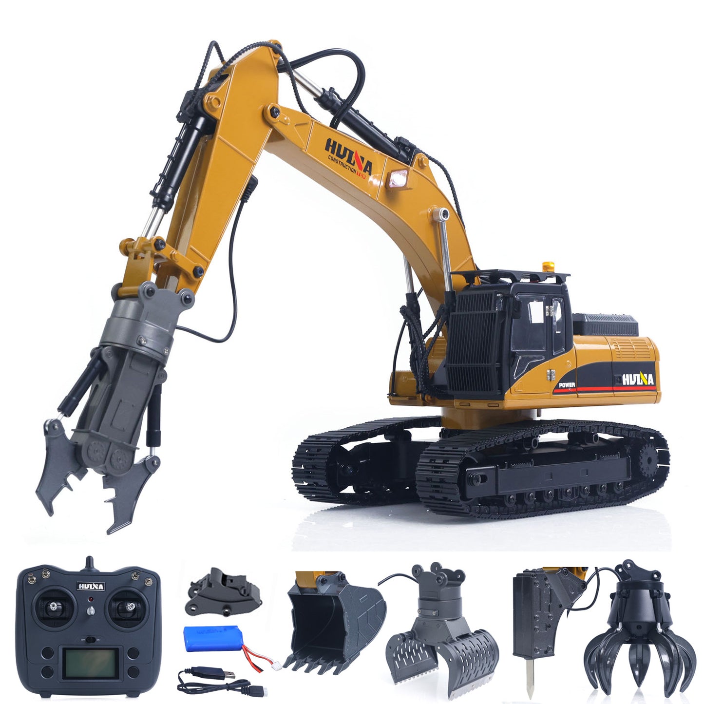 Fast Shipping HUINA New Upgrade 580 1/14 Metal Excavator Model Engineering Vehicle Electric Ball Grabber 360 Rotating Shear Claw Sound Lights