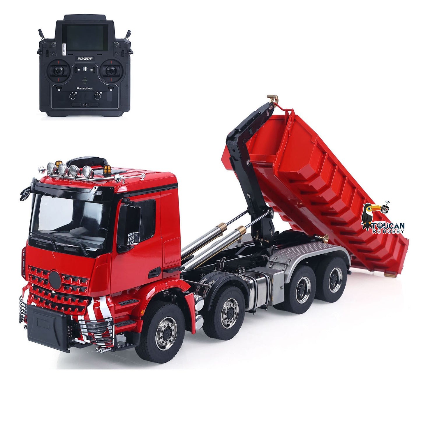 8X8 1/14 Remote Control Hydraulic Roll On Off Dumper 5 Valves RC Full Tipper 3Speed Transmission Light System Sound No Battery