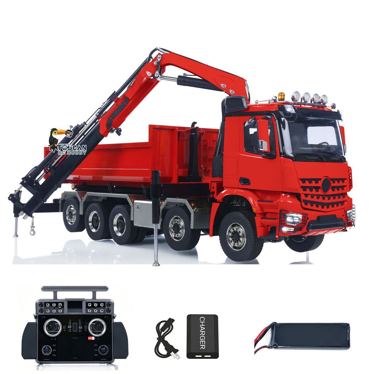 TOUCAN 1/14 10x10 Remote Control Hydraulic Crane Dump Truck RC Full Dumper Rear Axle Lifting HobbyWing Brushed Motor 9CH Steel Valve