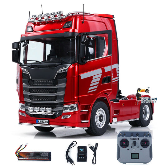 KABO K770S-100 1/14 RC 4X2 Tractor Truck, Red Semi-Metal Version, 2-Speed Gearbox, Rear Axle Differential Lock, Light & Sound System, Flysky L12 Transmitter, 7.4V 5800mAh Battery & Charger Included, Ready to Run