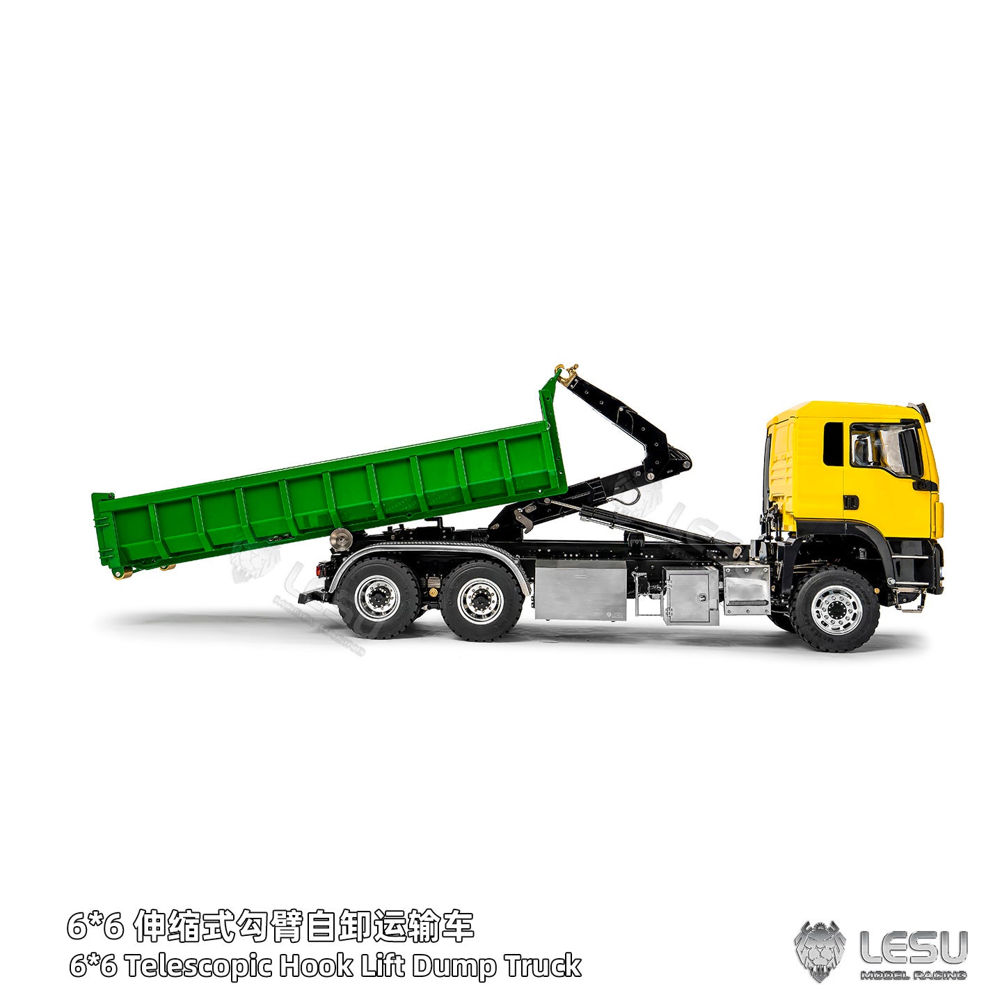 LESU Z0094 Metal 1/14 6x6 Remote Control Hydraulic Dump Truck Telescopic Hook Lift Heavy Duty Engineering Vehicle Light Sound