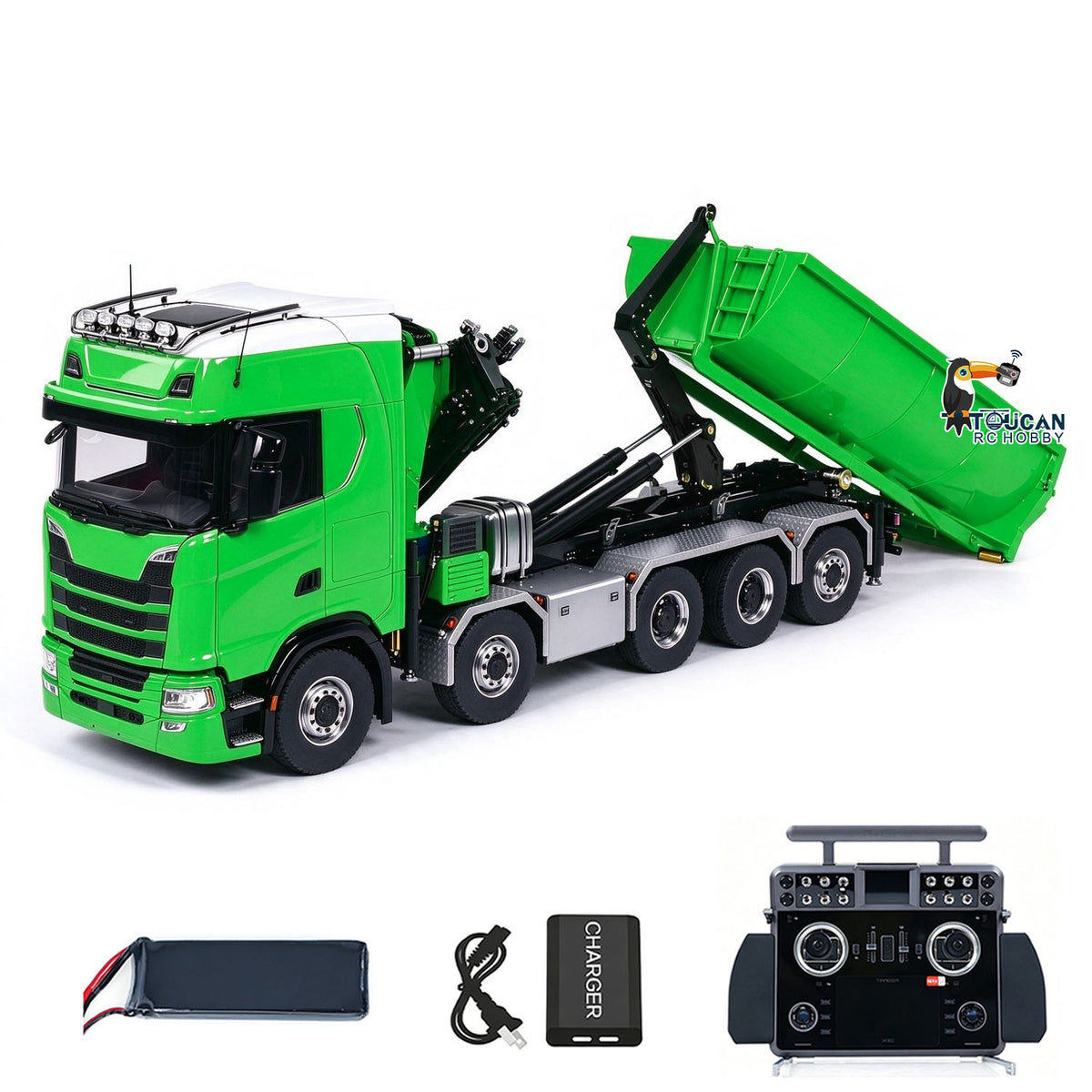 1/14 Remote Control Hydraulic Crane Dumper 10*10 RC Roll On Off Tipper 770S 3Speed U-Shaped Rear Axle Steering Differential Locks Metal Valves