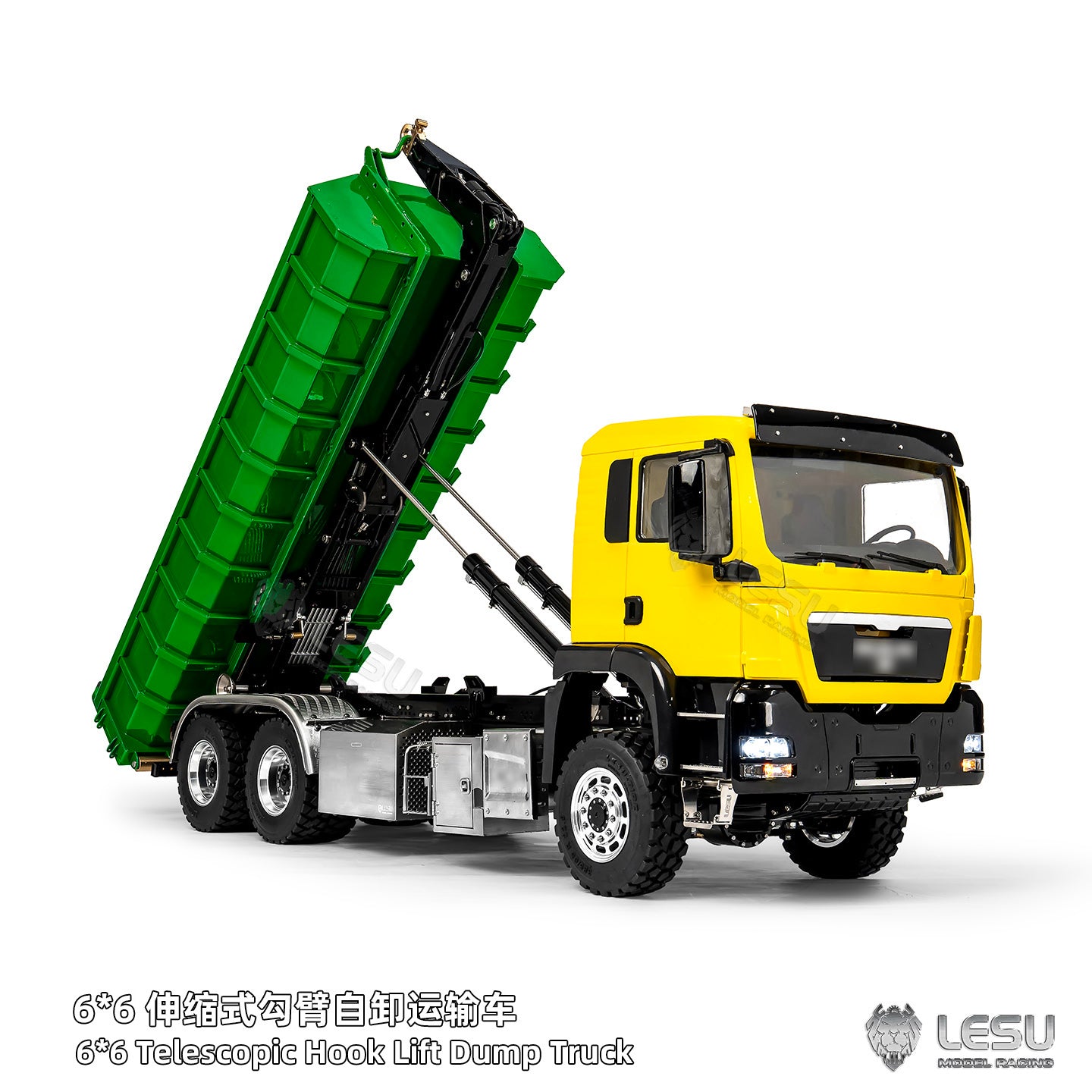 LESU Z0094 Metal 1/14 6x6 Remote Control Hydraulic Dump Truck Telescopic Hook Lift Heavy Duty Engineering Vehicle Light Sound