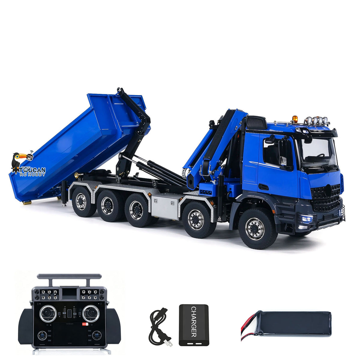 TOUCAN 1/14 10x10 Remote Control Hydraulic Crane Dump Truck RC Full Dumper Rear Axle Lifting HobbyWing Brushed Motor 9CH Steel Valve