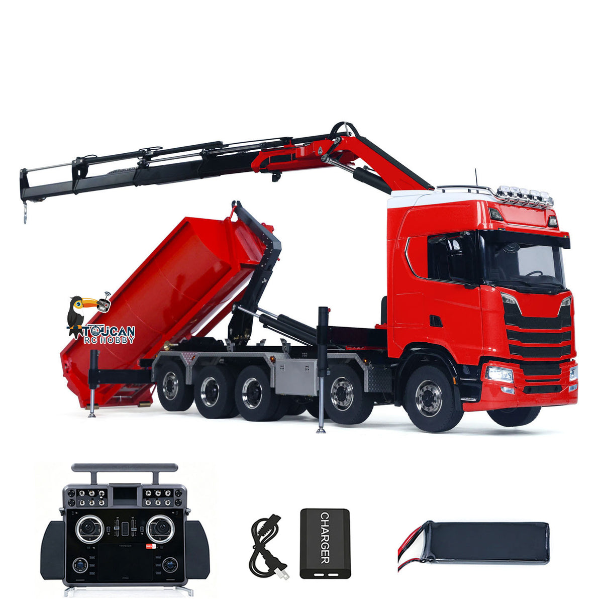 1/14 Remote Control Hydraulic Crane Dumper 10*10 RC Roll On Off Tipper 770S 3Speed U-Shaped Rear Axle Steering Differential Locks Metal Valves