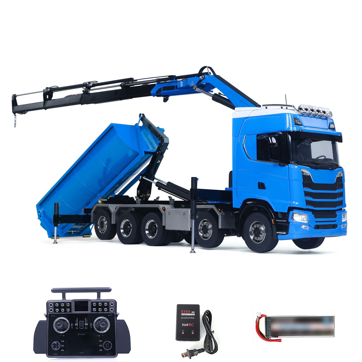 1/14 Remote Control Hydraulic Crane Dumper 10*10 RC Roll On Off Tipper 770S 3Speed U-Shaped Rear Axle Steering Differential Locks Metal Valves