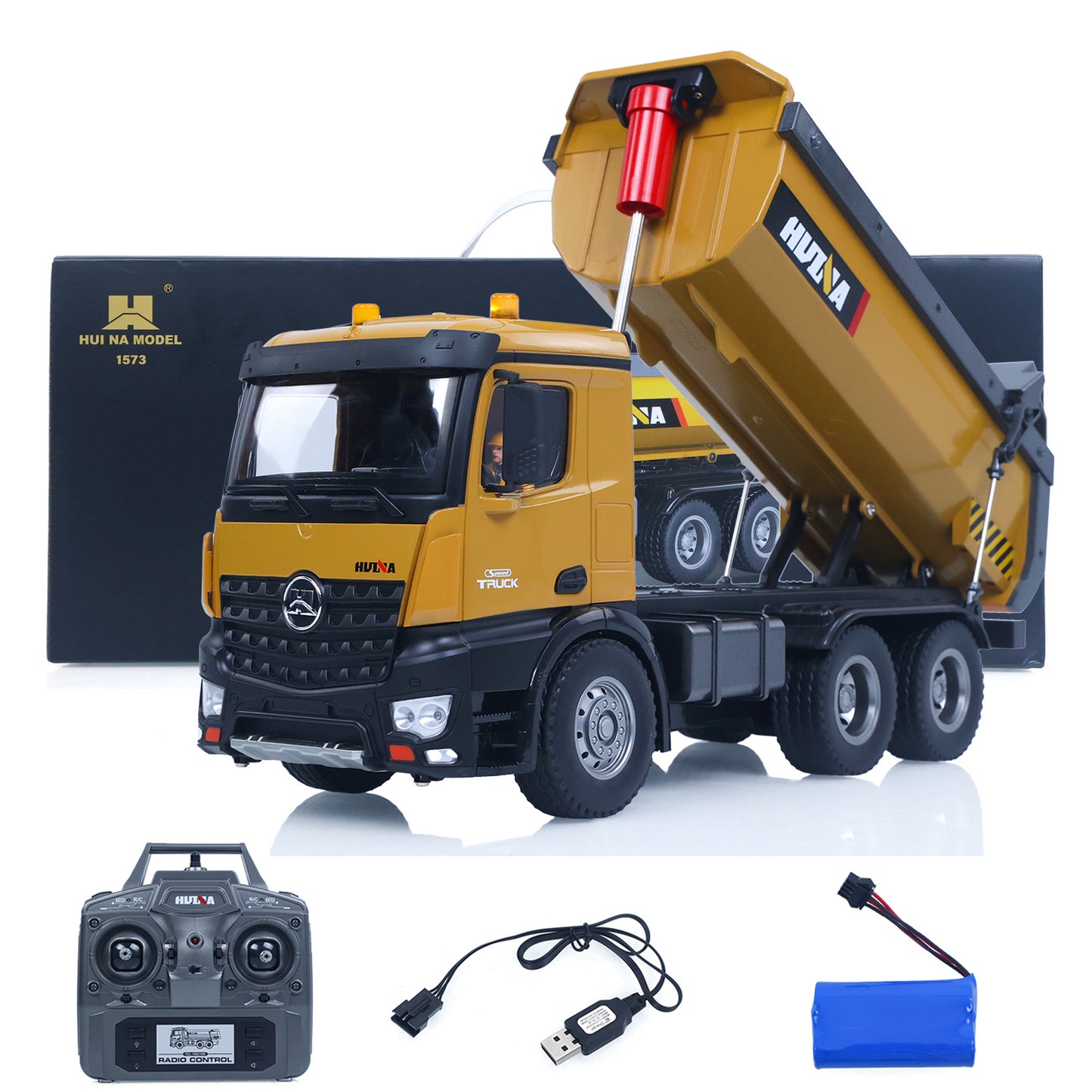 ONLY ONE US STOCK HUINA 1/14 Electric RC Dump Truck 573 Remote Control Tipper Model Vehicle Flowing Water Light Sound Effect 2.4G Radio Battery