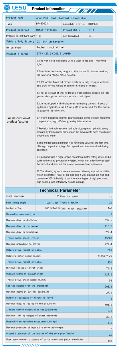 LESU Mini 1/14 RC Hydraulic Excavator PC30 Metal 6CH Valve Digger ST8 Radio Battery Lights PNP/RTR Optional Versions