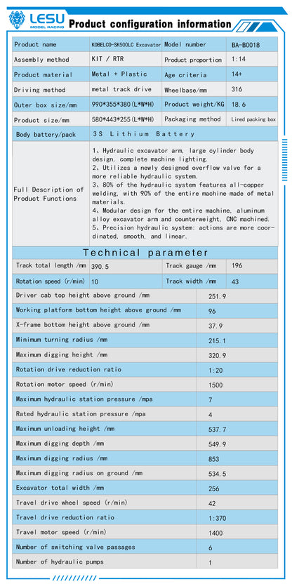 1/14 LESU AOUE SK5LC RC Hydraulic Unpainted Unassembled KIT Excavator B0018