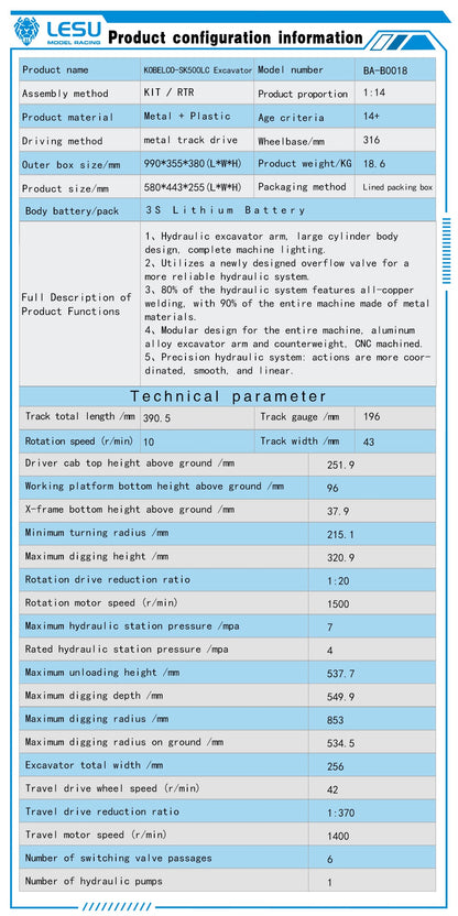 IN STOCK 1/14 LESU AOUE SK5LC RC Hydraulic Unpainted Unassembled KIT Excavator B0018