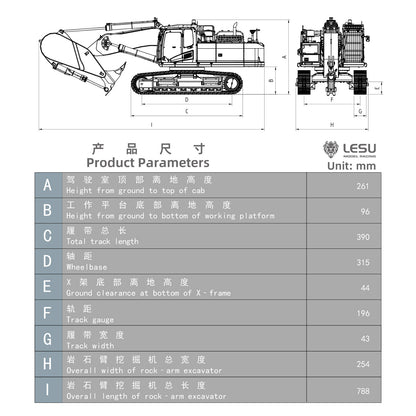 1/14 LESU RC Metal Excavator Model PC500 Radio Control Hydraulic Crawler Digger Machine with Rock Arm LED Lighting System