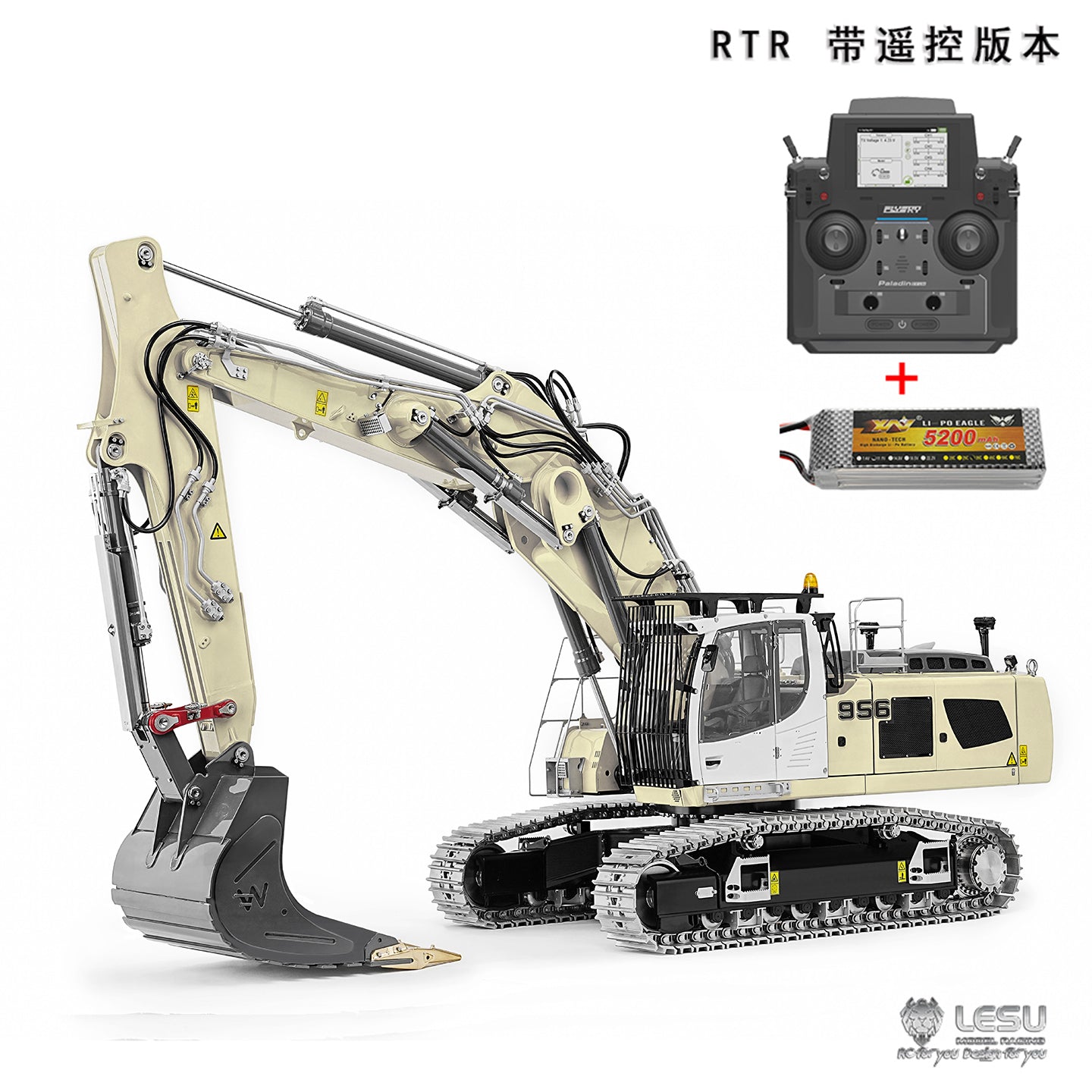 95% Metal LESU LR956 3 Arms 1/14 RC Hydraulic Excavator Remote Control Digger 7CH Valve Dual Pumps Light PL18EV LITE Battery