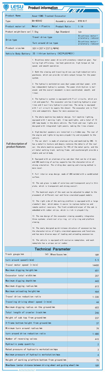 LESU MC15 4 Arms Metal 1/14 Hydraulic Remote Control Excavator KIT Model RC Digger Dual Pumps 9 Ways Valve Light Sound Motor