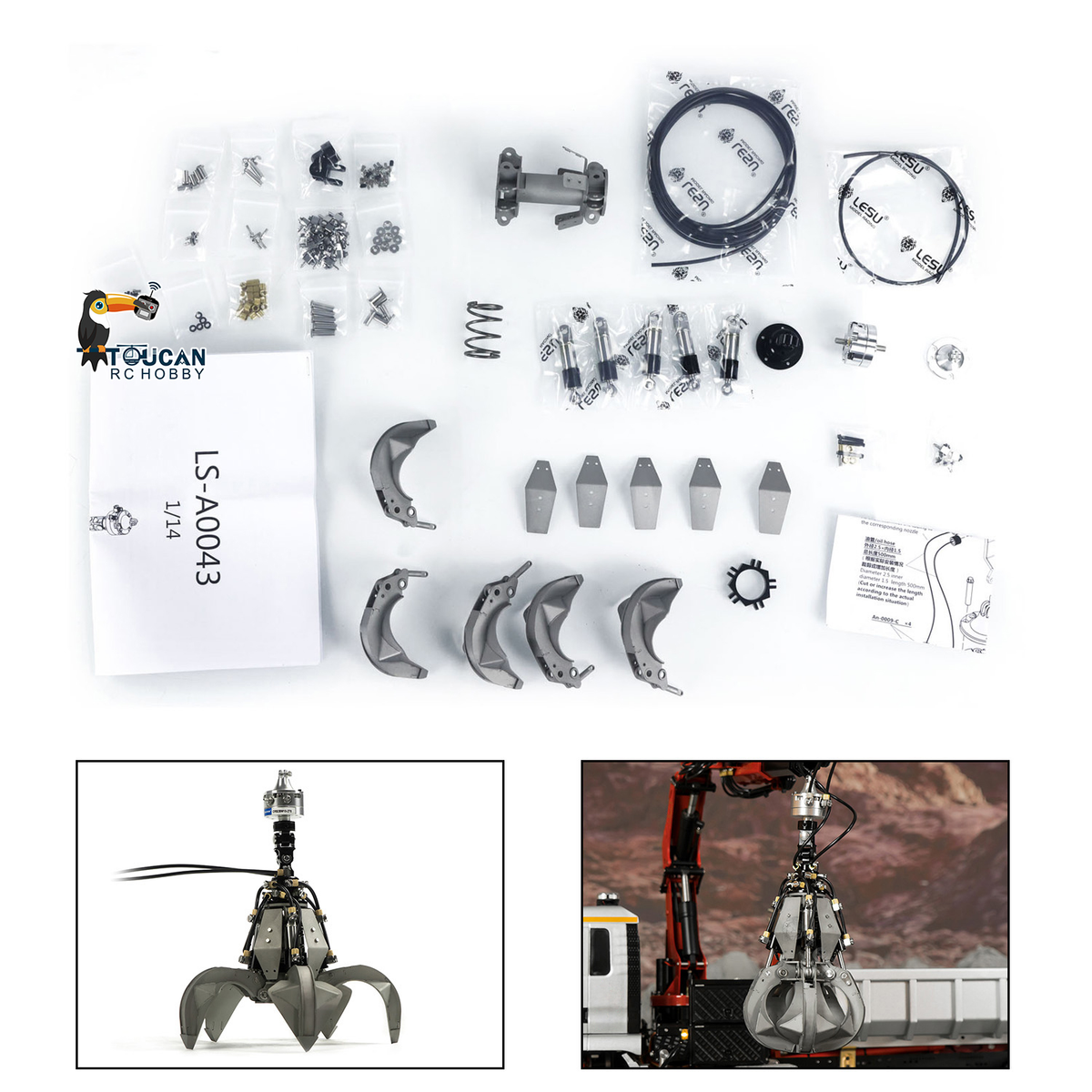 LESU 1/14 Metal RC Hydraulic Crane Attachments for Dump Truck Orange Peel Grab Clamshell Bucket Fork Brick Clamp Rotary Cylinder