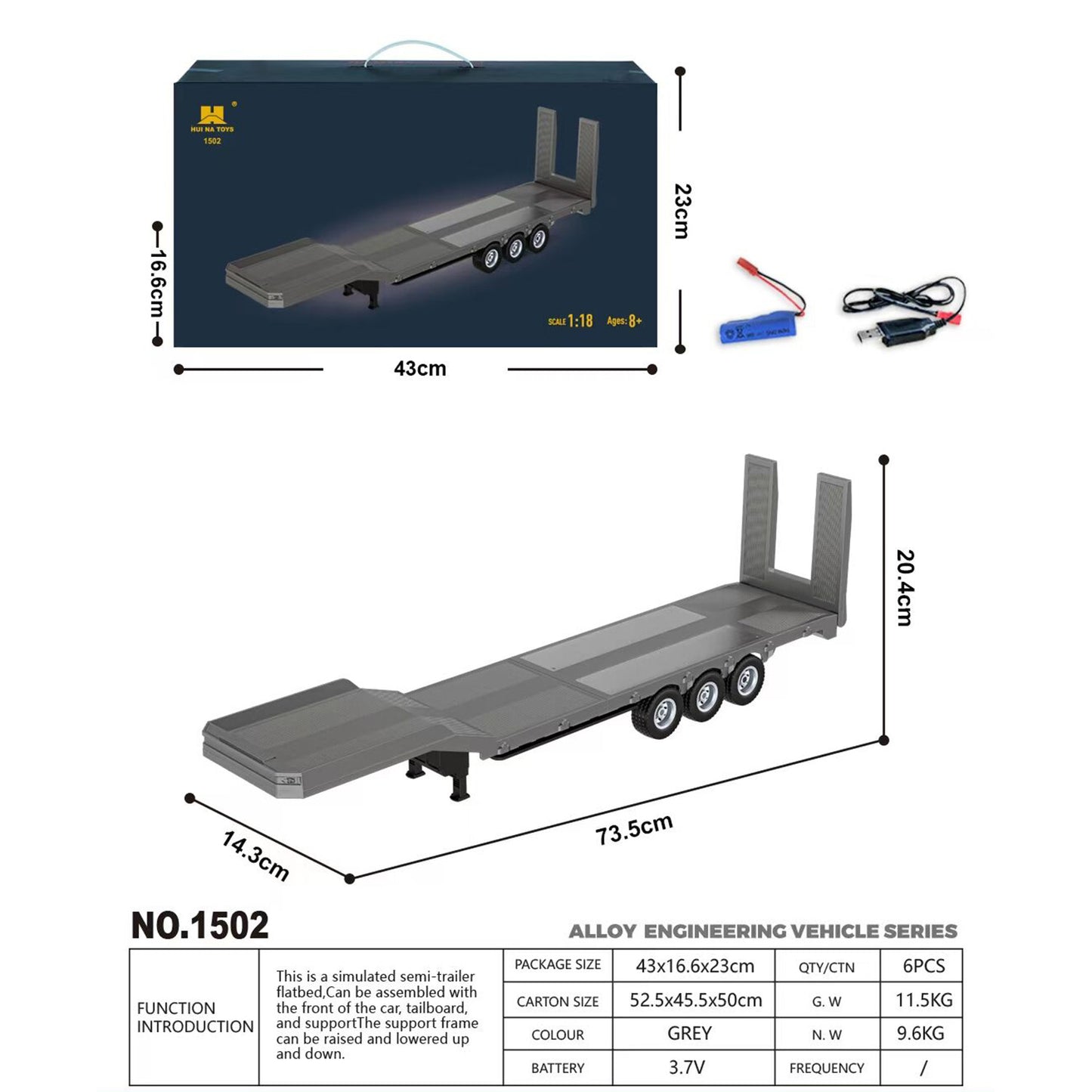 3 Axle Plastic Semi Trailer Flatbed 1502 for 1/18 Remote Control Tractor Truck HUINA 1501 RC Lorry Car Model Upgrade Parts