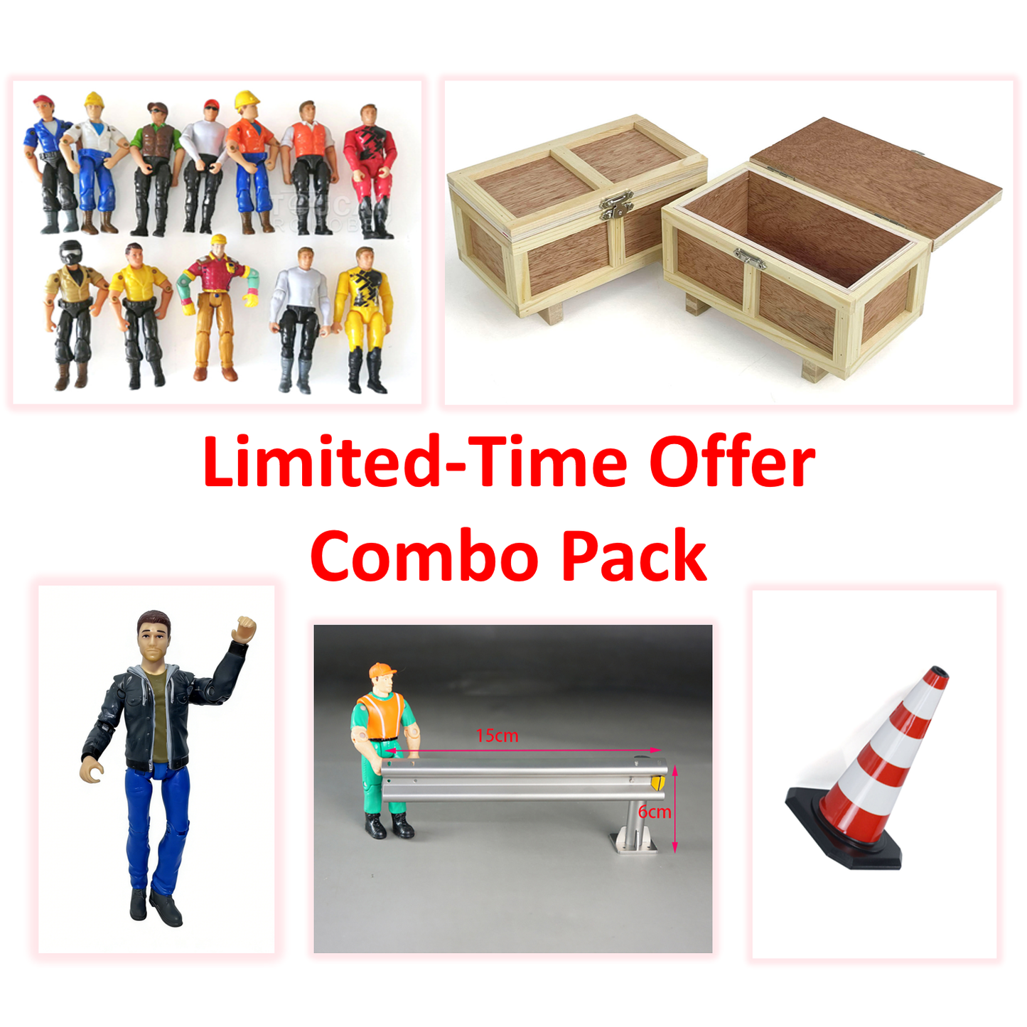 Limited Offer Combo Pack RC Scene Accessory Kit Driver Figurine Roadblock Railing Wooden Box for 1/14 and 1/12 RC Model Construction Vehicles