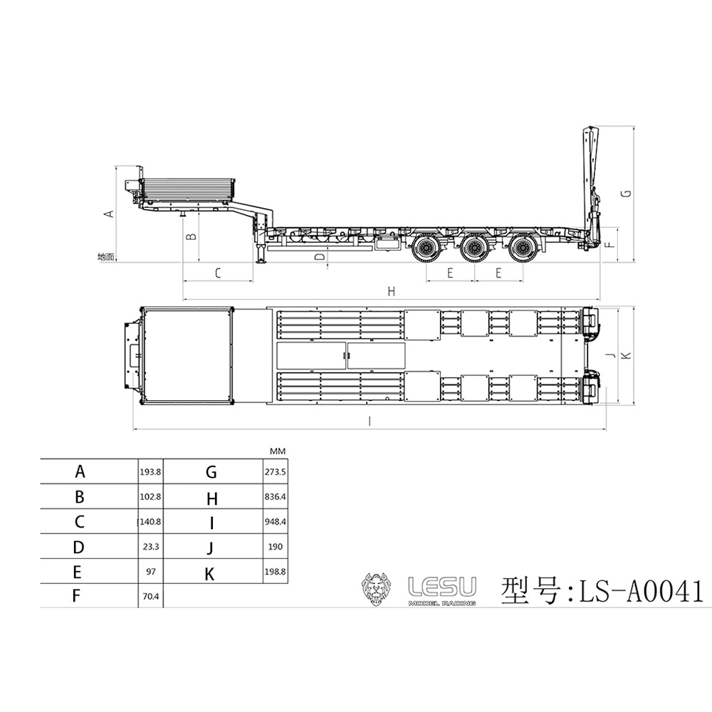 1/14 LESU Metal Trailer Hydraulic Lifting Tailboard Painted