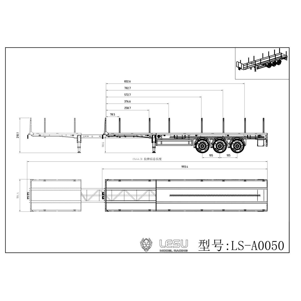 LESU Metal 3Axles Manual Support Legs Extendable Flatbed Semi Trailer for 1/14 Remote Control Tractor Truck RC Loader DIY Model