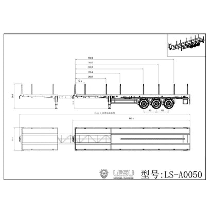LESU Metal 3Axles Manual Support Legs Extendable Flatbed Semi Trailer for 1/14 Remote Control Tractor Truck RC Loader DIY Model