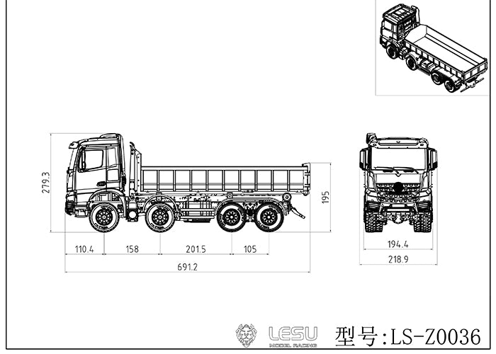 LESU 1/14 Metall 8x8 RC Traktor Kipper Metall Chassis Z0036