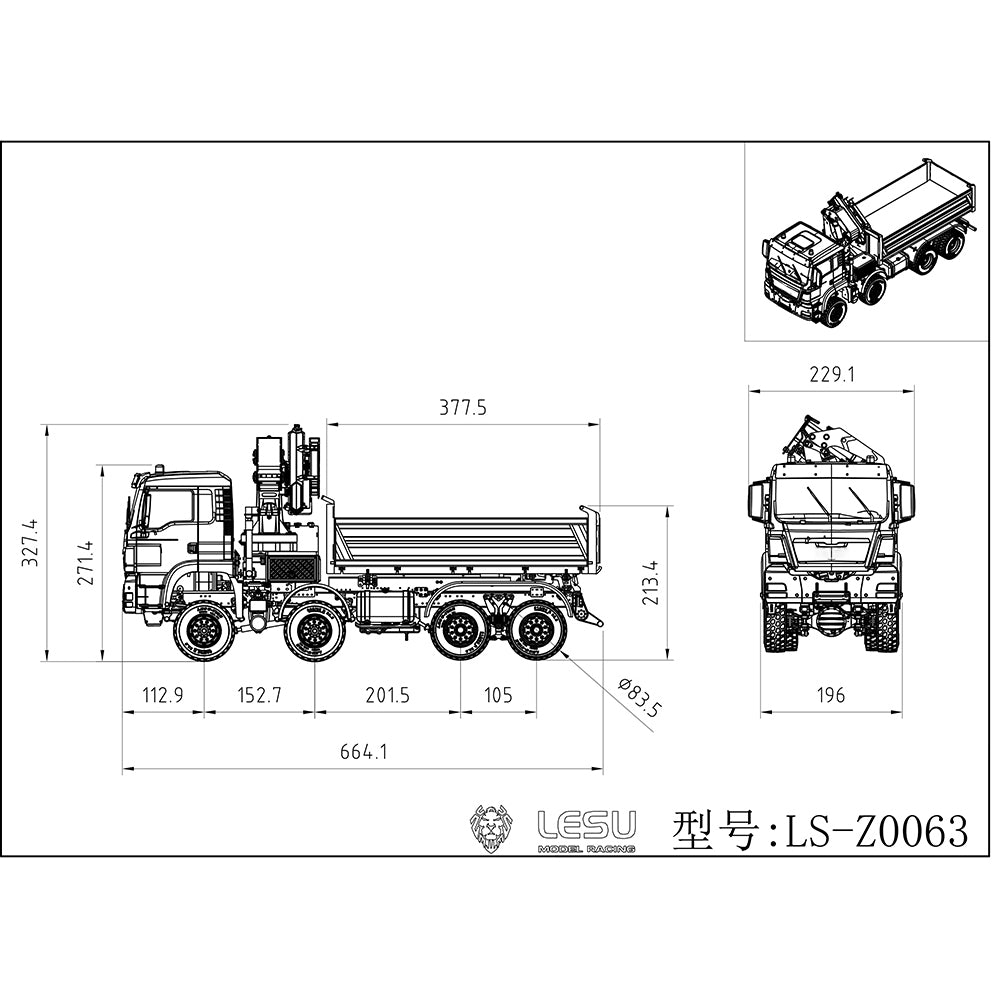 EN STOCK LESU 1/14 Métal MAN 8X8 RC Camion à benne basculante hydraulique avec grue Z0063