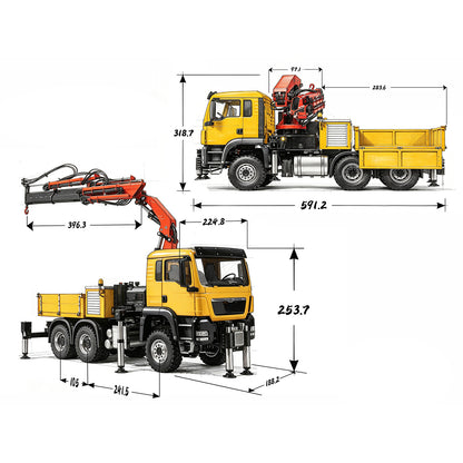 LESU 6X6 Metal 1/14 RC Hydraulic Crane Truck 3Speed Remote Control Lorry Car 7CH Valve 4MPA 6 Outriggers Sound Axle Diff Lock