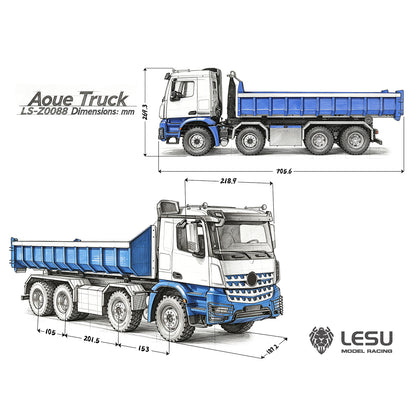 LESU Z0096/Z0088 1/14 RC Hydraulic Roll Off Dump Truck 8x8 Metal Chassis Tipper Model 3 Speed Gearbox Differential Lock Light Sound