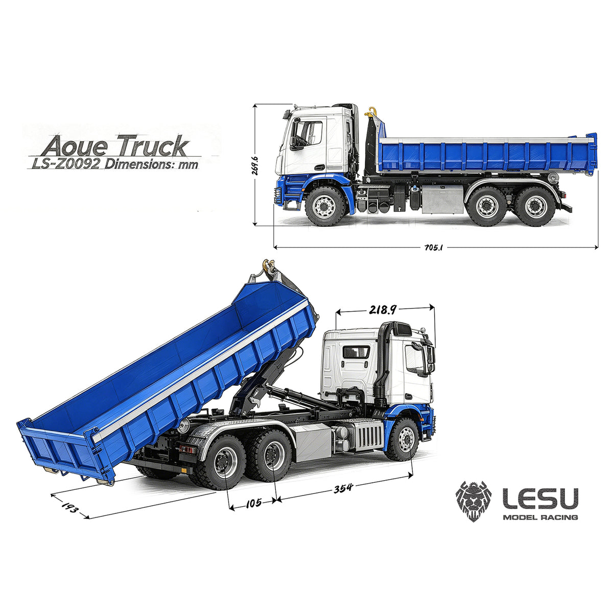 LESU Z0100/Z0092 1/14 6x6 Radio Control Metal Hydraulic Dump Truck Roll-Off RC Tipper Differential Lock Light Sound Construction Model