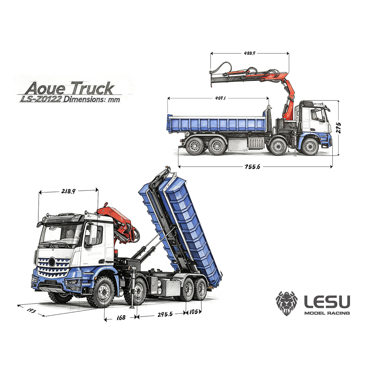 LESU Z0122/Z0123 1/14 Hydraulic RC Crane Dump Truck 8x8 Telescopic/Folding Hook Lift Remote Control Dumper with Metal Chassis 3 Speed Gearbox
