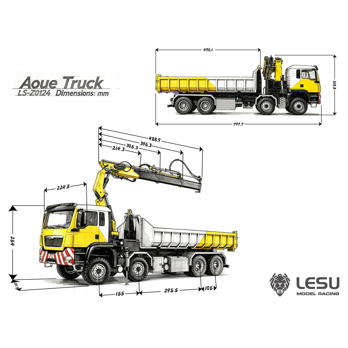LESU 1/14 Metal RC Hydraulic Hook Lift Dumper Z0124/Z0125 8x8 Crane Dump Truck Model with 3 Speed Transmission LED Lights Sound System