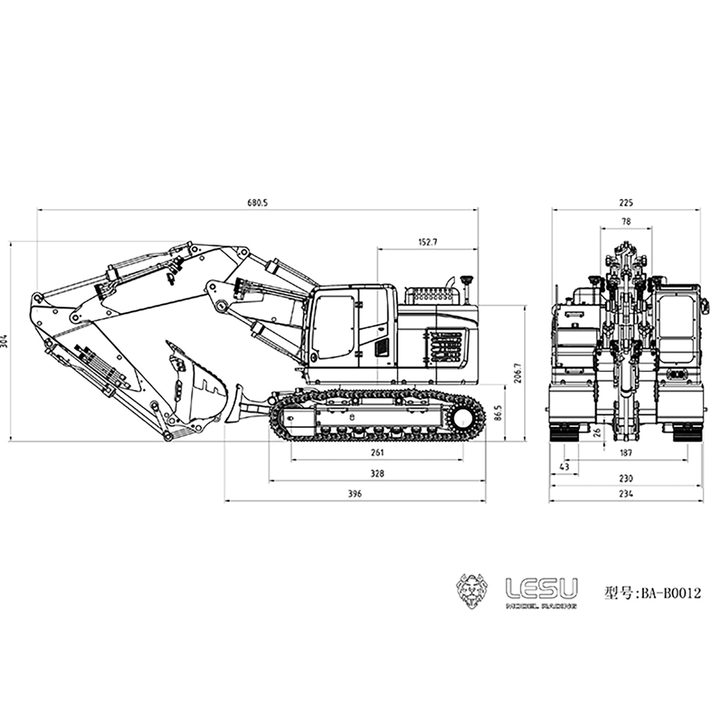 LESU 1/14 Aoue Metall ET26L Lackiert Unmontiert Hydraulische Drei-abschnitt RC Bagger B0012