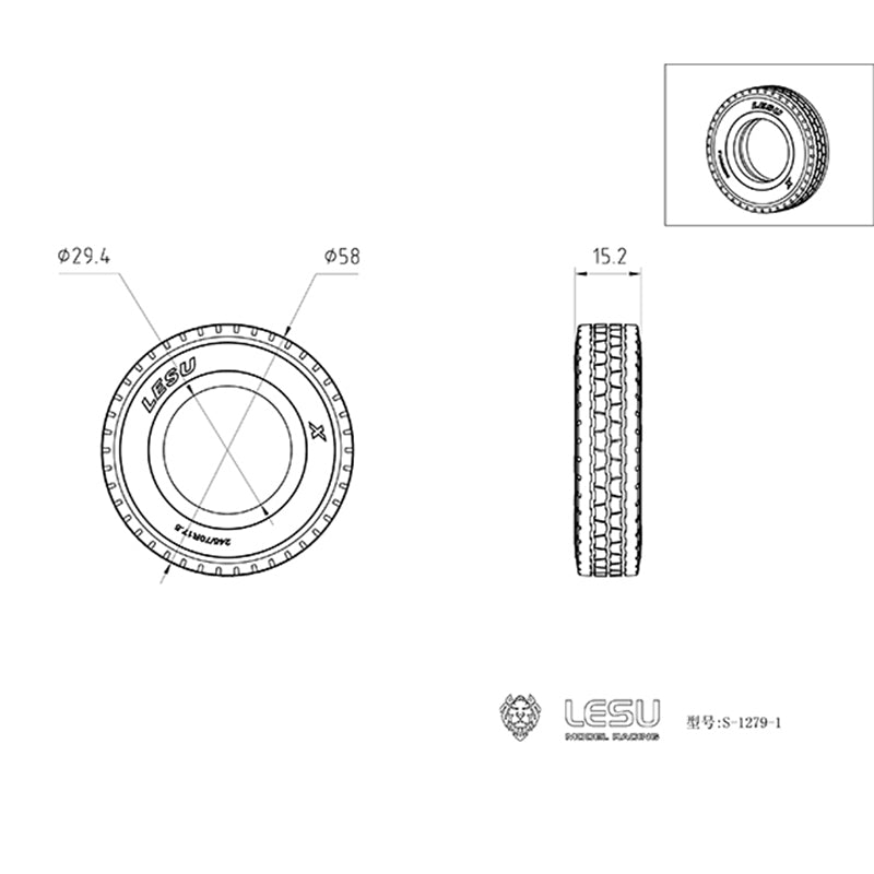 1Pair Wheel Tires for 1/14 RC LESU A0020 Hydraulic Trailer Truck A0005