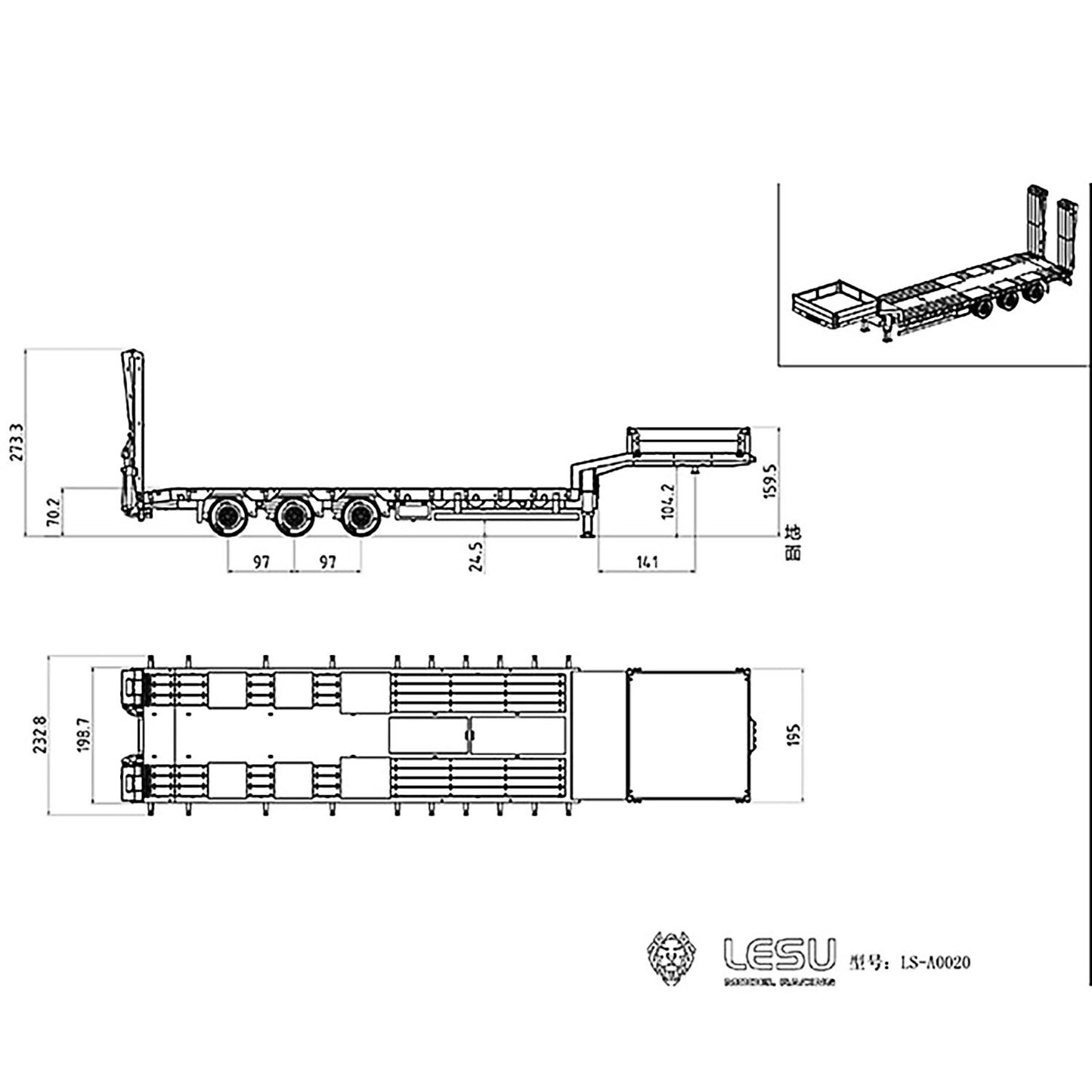 Remorque RC LESU en métal 1/14 avec système hydraulique et pieds de levage électroniques