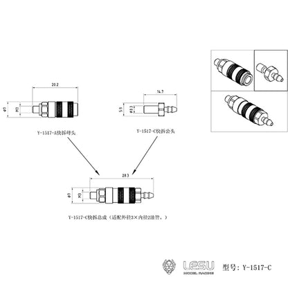 Metal 1/14 LESU Tubing Connector / Plugging Nozzle for TAMIYA RC Dumper Truck Hydraulic System