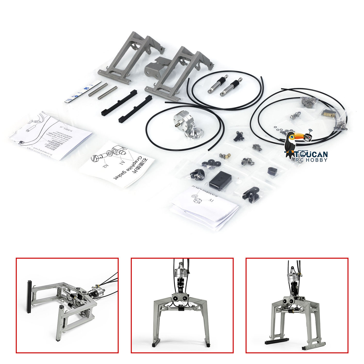 LESU 1/14 Metal RC Hydraulic Crane Attachments for Dump Truck Orange Peel Grab Clamshell Bucket Fork Brick Clamp Rotary Cylinder