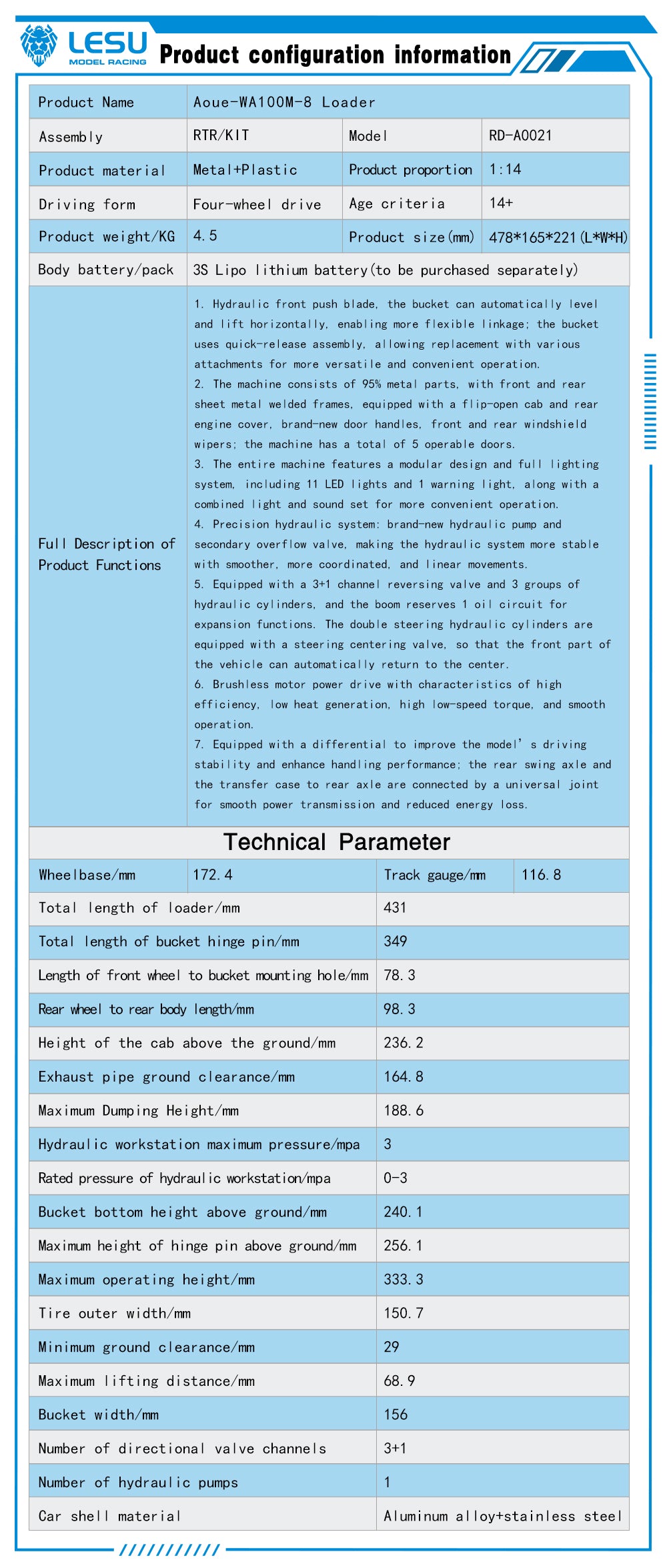 LESU 1/14 4X4 RC Hydraulic Loader Aoue WA100M-8 Metal Remote Control Construction Vehicle Model 4CH Valve Axle Lock Sound Light