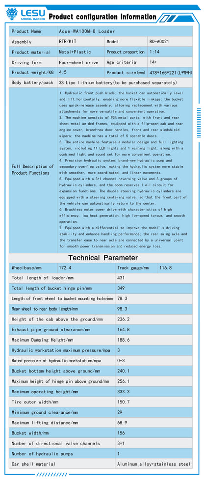 LESU 1/14 4X4 RC Hydraulic Loader Aoue WA100M-8 Metal Remote Control Construction Vehicle Model 4CH Valve Axle Lock Sound Light