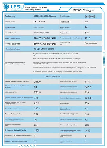 1/14 LESU AOUE SK5LC RC Hydraulische Unlackiert Unmontiert KIT Bagger B0018