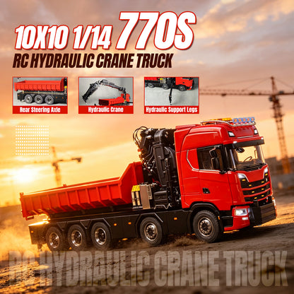 TOUCAN 1/14 RC Hydraulic Crane Truck 770S RTR 10X10 3Speed Metal Dumper Fly Jib Arm Rear Lift Steer Axle Wheel Reduction Diff Lock