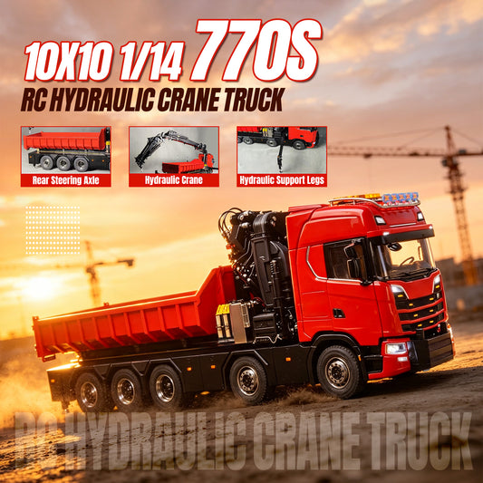 TOUCAN 1/14 RC Hydraulic Crane Truck 770S RTR 10X10 3Speed Metal Dumper Fly Jib Arm Rear Lift Steer Axle Wheel Reduction Diff Lock