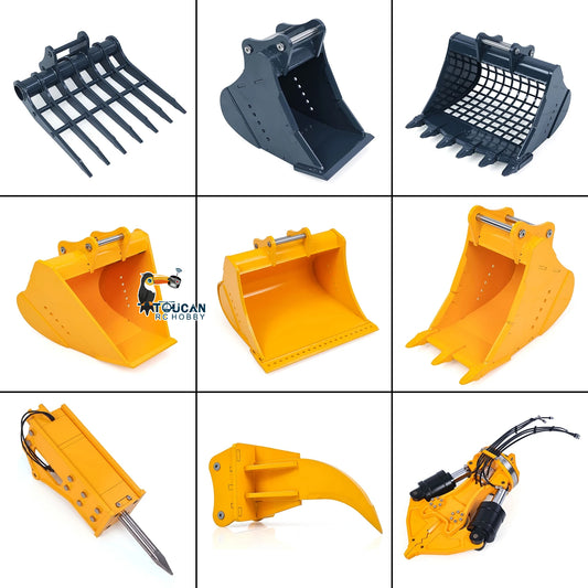 1/12 RC Hydraulic Excavator Attachments Metal Electric Hammer Hydraulic Shear Grille Bucket Rake Ripper Grading Bucket Set for C395 LR976 EC650